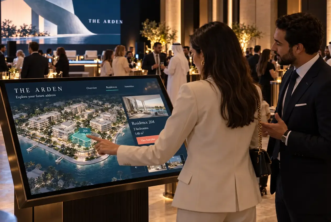Two guests exploring a project on a touchscreen at an event