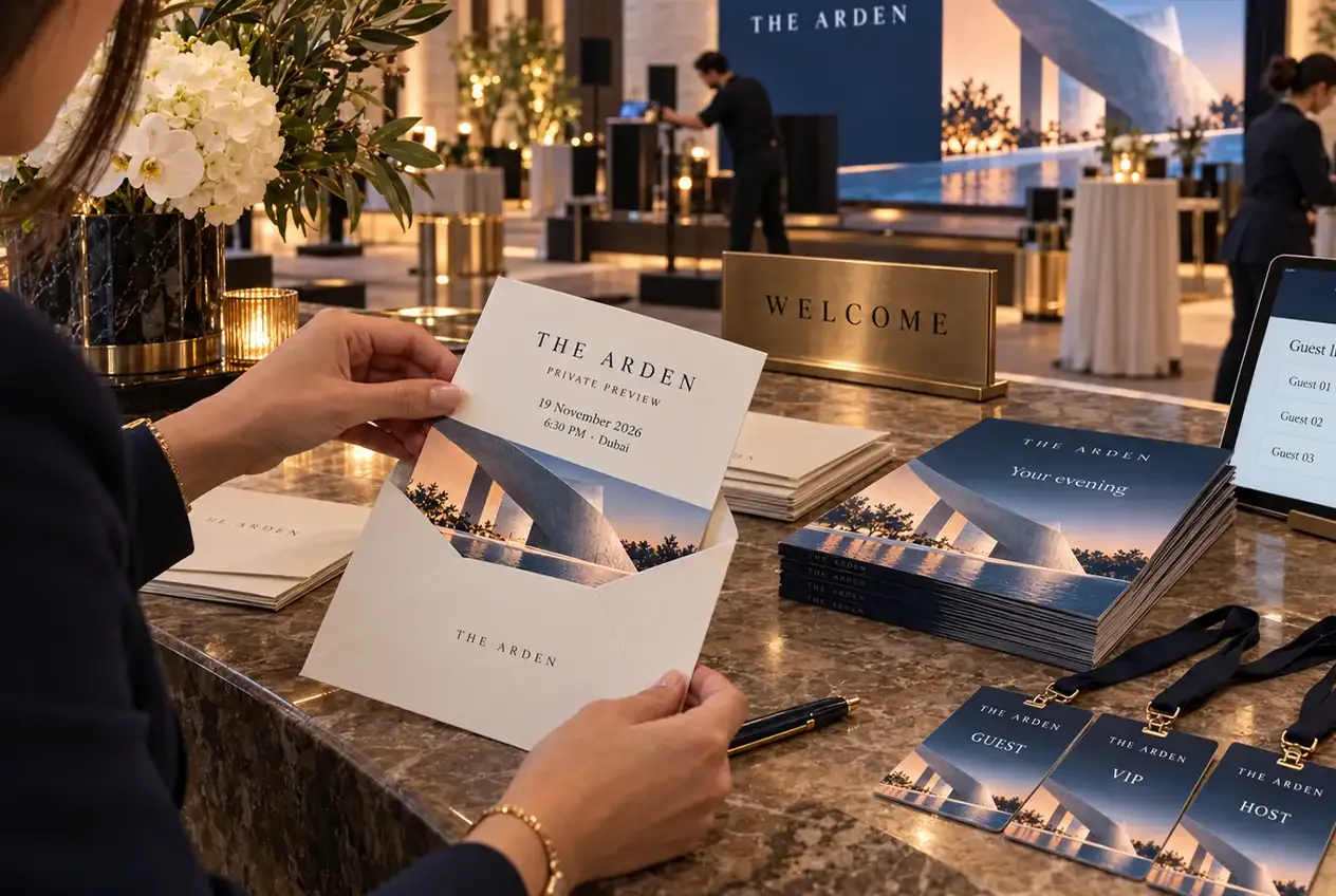 A welcome desk with a printed invitation, guest badges and a guest list