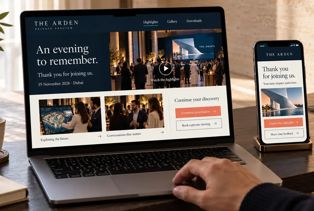 A thank-you and highlights page for an event, shown on a laptop and a phone