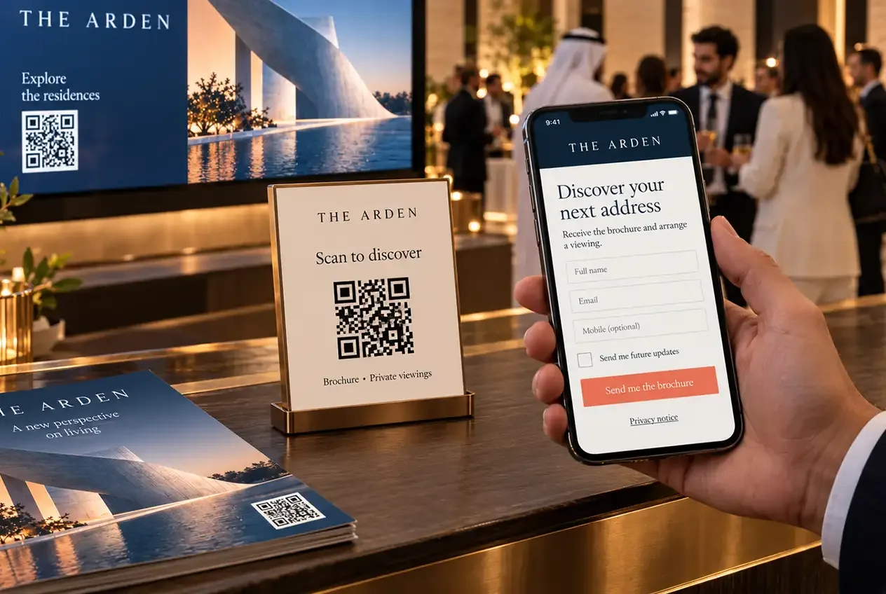 A QR code on a stand and screen leading to a short lead form on a phone