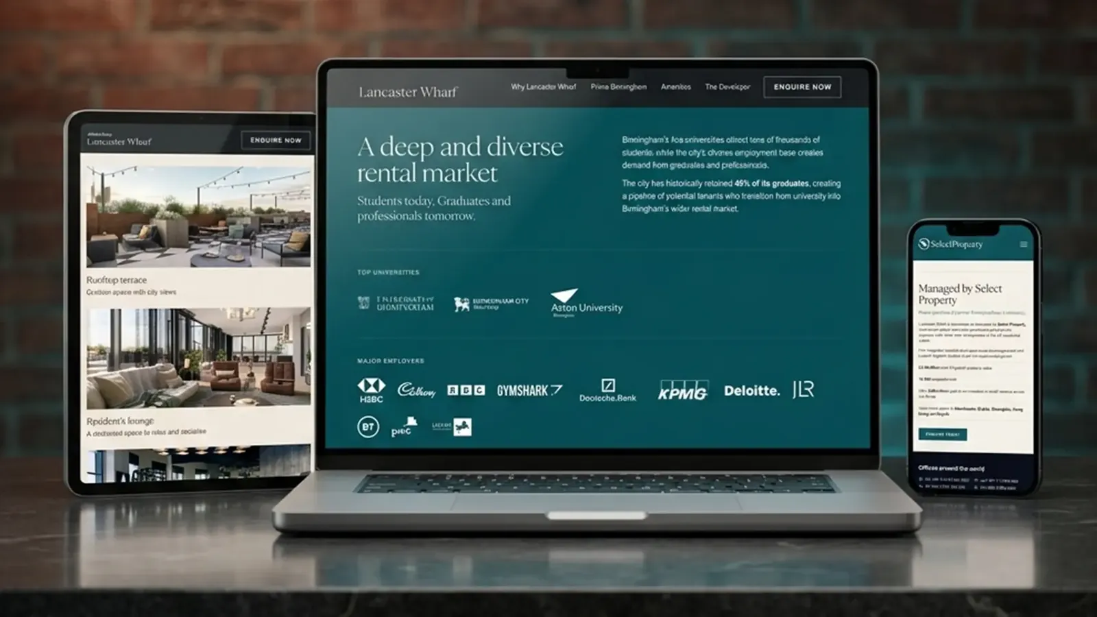 The landing page on desktop, tablet and phone