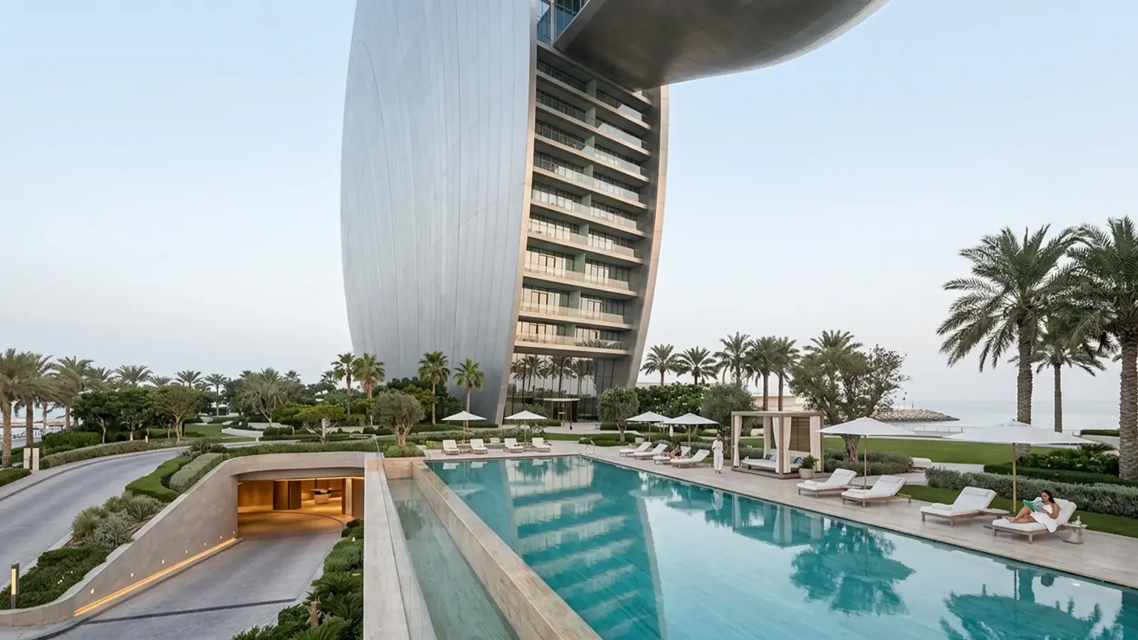 The pool deck at the foot of one of the towers