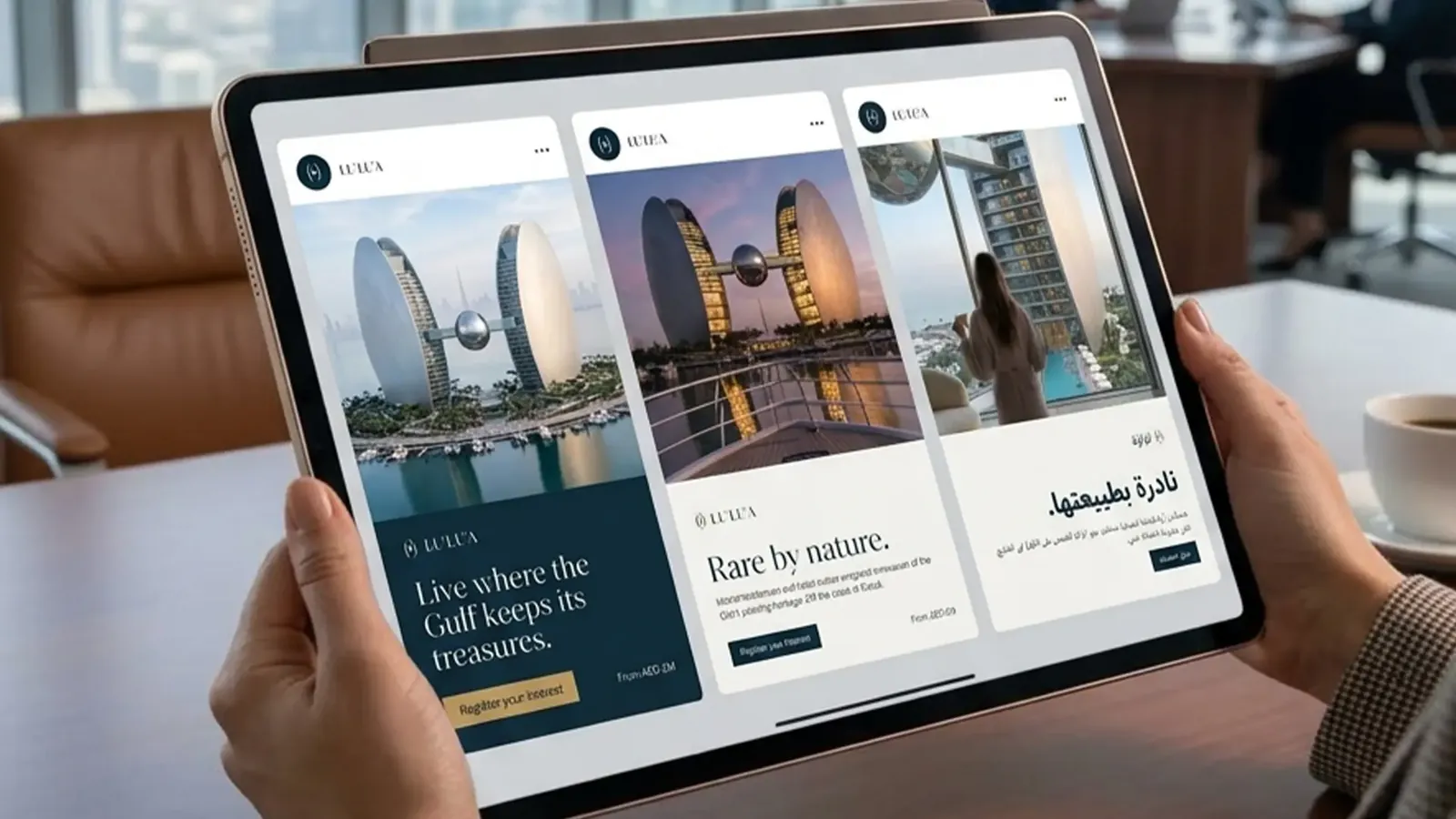 Social posts in English and Arabic on a tablet