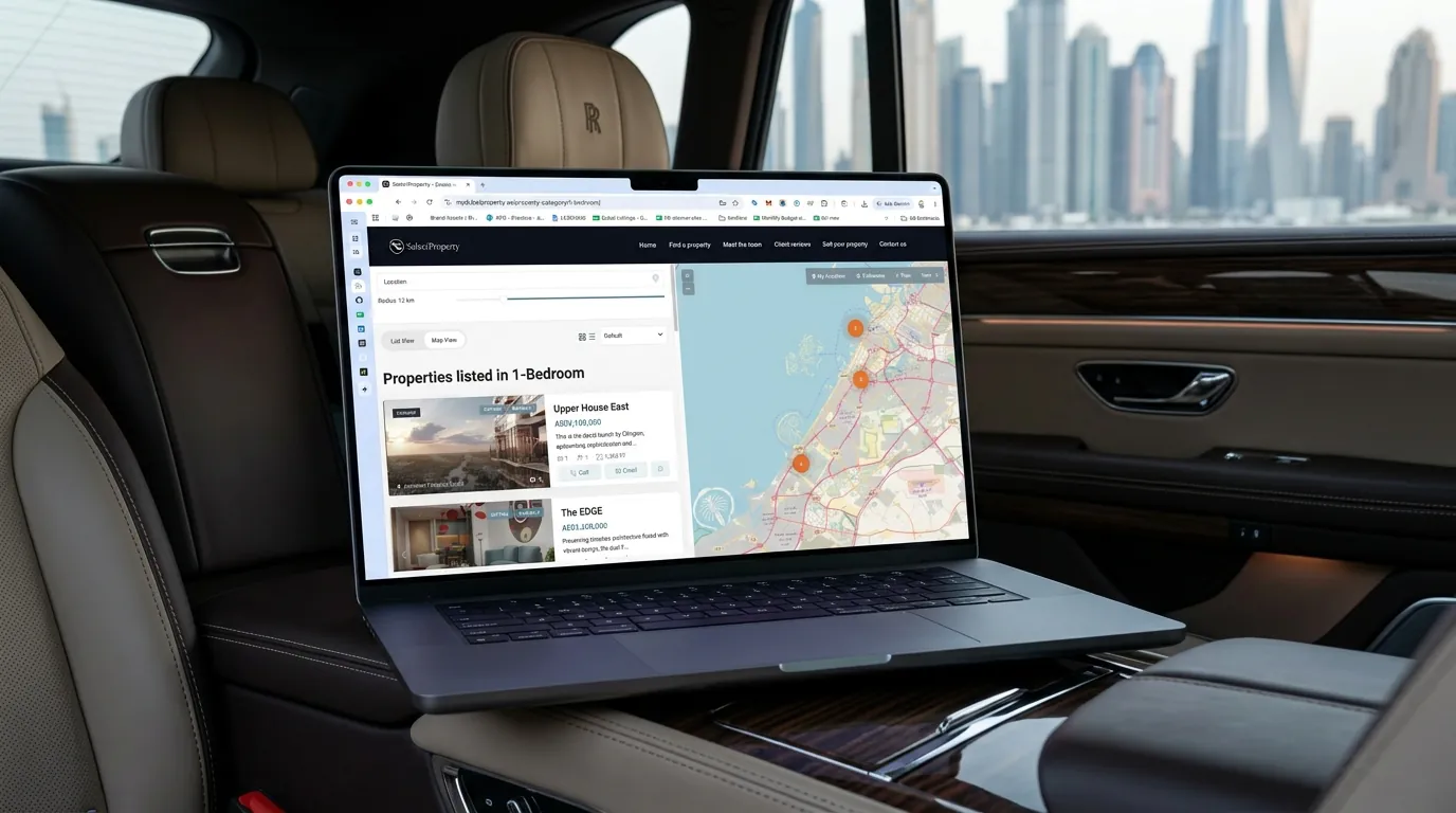 Property search with a map of Dubai, on a laptop