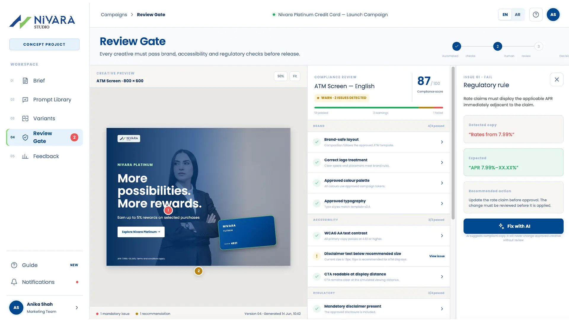 Review gate checking a variant against regulatory rules