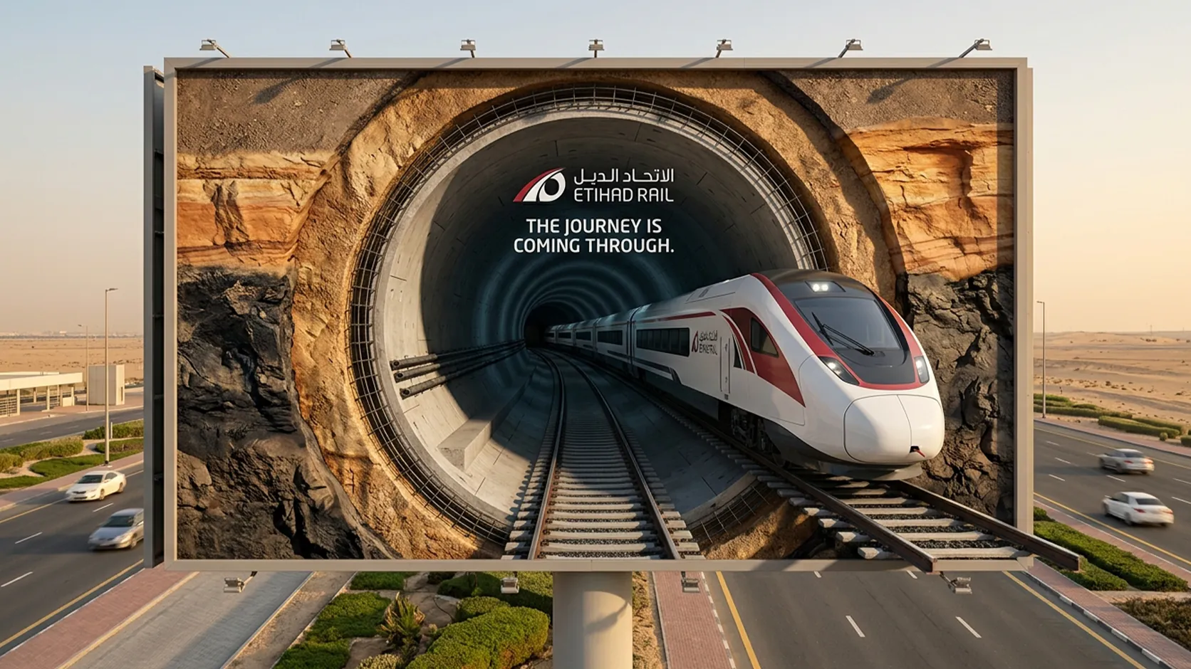 Concept billboard for Etihad Rail: a train breaking out through a tunnel in the frame