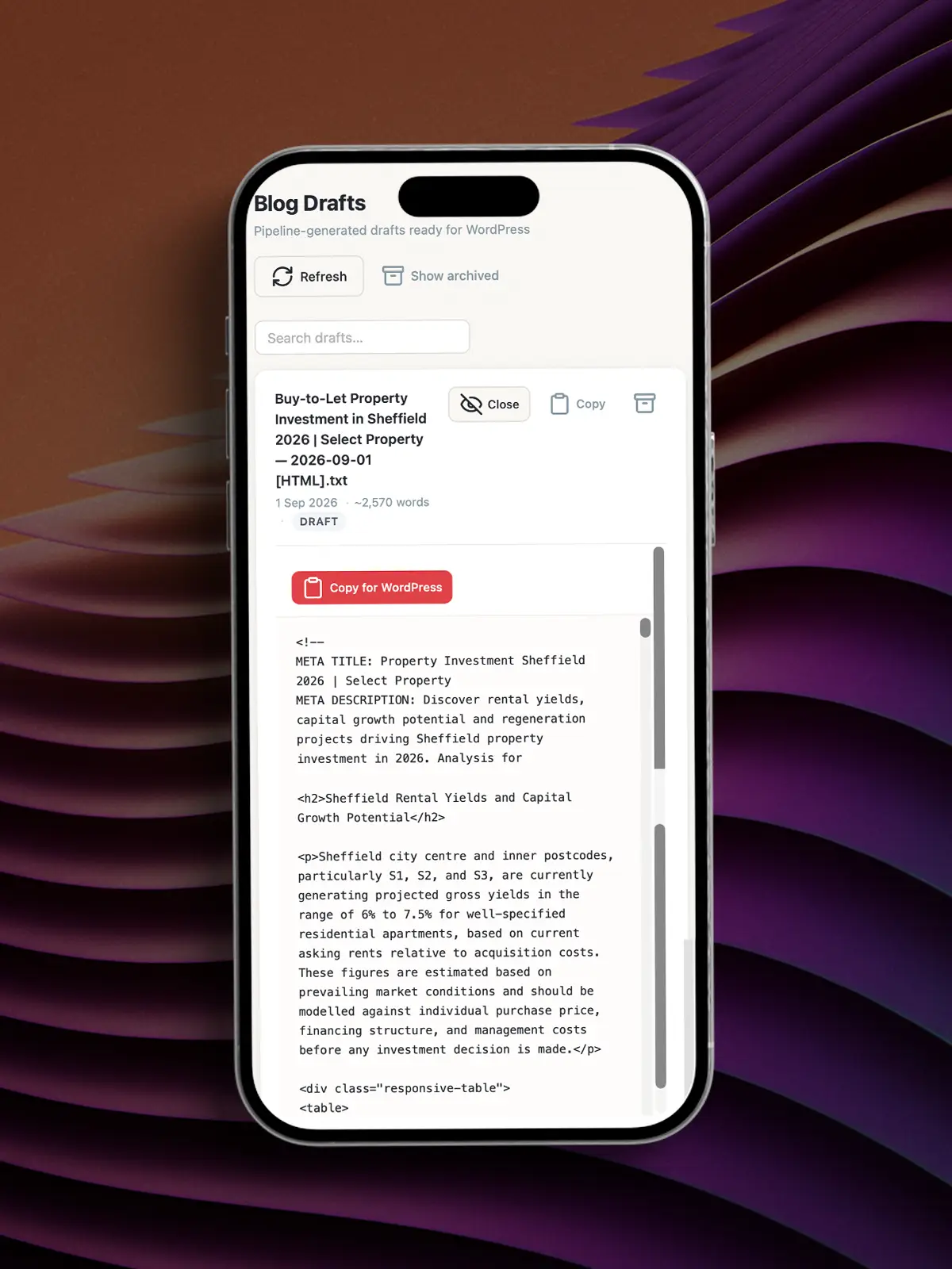 Blog draft view on a phone