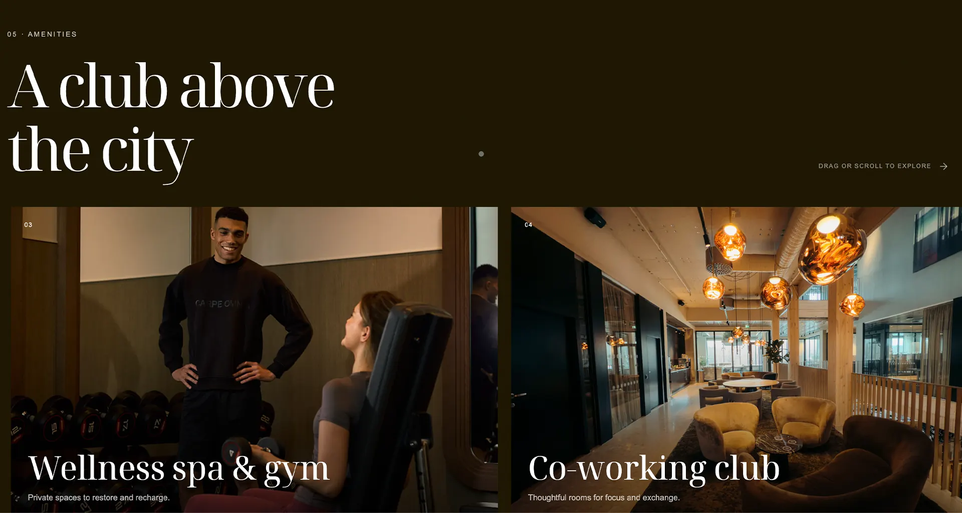 Amenities section: the wellness spa, gym and co-working club