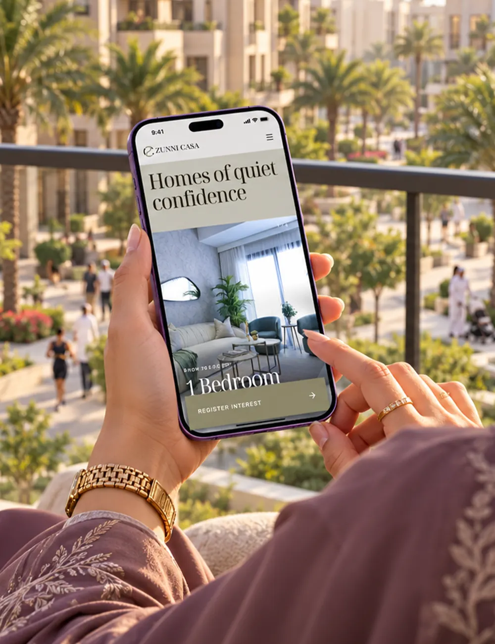 The residences section on a phone, with a register-interest button on each home