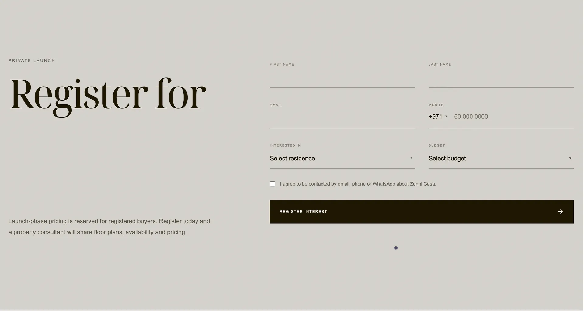 The register-interest form, qualifying buyers by residence type and budget